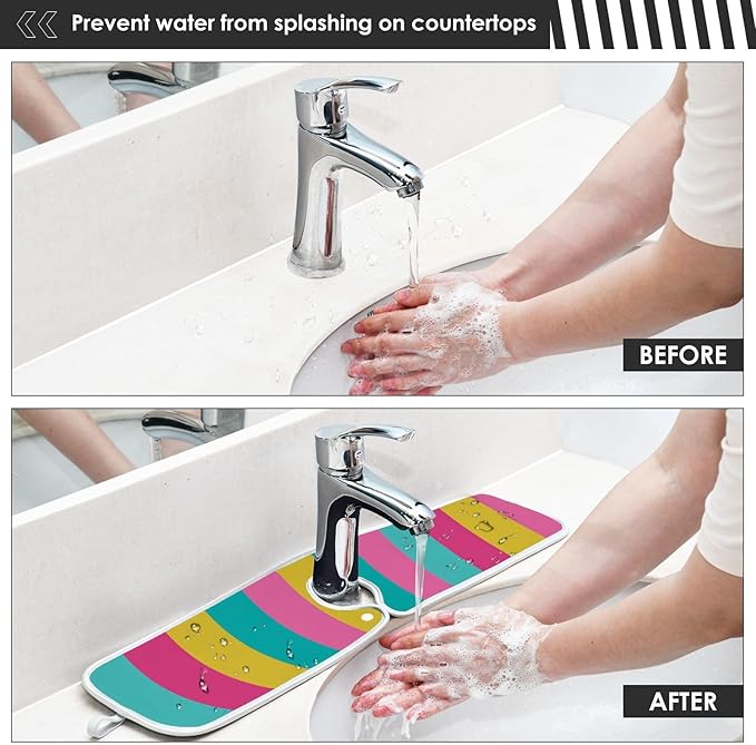 2 PCS Kitchen Sink Splash Guard 30 Inch Faucet Mat for Kitchen Sink Bathroom Sink Faucet Absorbing Drip Drain Mat Pad Microfiber Soft Washable Colorful Stripes