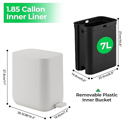 1.85 Gallons 7 Liters Slim Small Kitchen Trash Can with Lid Soft Close Dust Bin Step Pedal Garbage Waste Home Bathroom Office ABS Smooth Washable Cubo de Basura Cocina Ivory