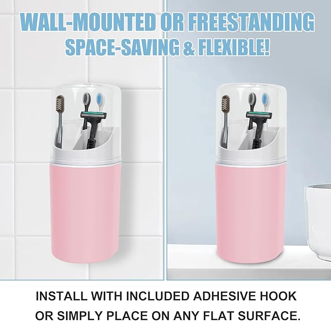 Tall Electric Toothbrush Holder with Cover, 10.6" Dust Proof Bathroom Caddy Fits Adults Electric Toothbrushes, Toothpaste, Wall Mount or Countertop Organizer with Removable Dividers, 4 Slots (Pink)