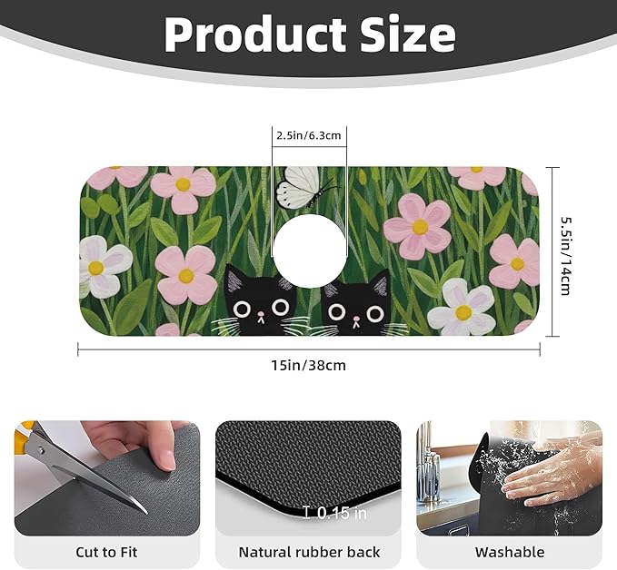 Pink Floral Cat Dish Drying Mat for Kitchen Counter, 16"x18" Microfiber Absorbent Fast Dry Mat, 2Pcs Dish Mat Faucet Mats Sets, Large Drying Kitchen Mat Kitchen Drying Pad Coffee Bar Decor Gifts