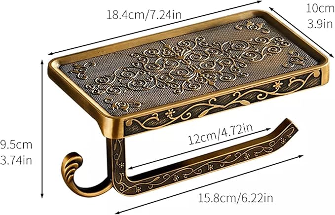 Vintage Carved Floral Toilet Paper Holder with Shelf - Antique Brass Finish Aluminum Bathroom Organizer, Wall Mounted Decorative Roll Holder for Bathroom/Vanity (7.24" Phone Shelf)