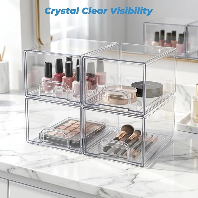 2 Pack Clear Stackable Storage Drawers, Bathroom Organizers and Storage, Makeup Organizer, Acrylic Medicine Cabinet Bins for Vanity, Countertop, Pantry