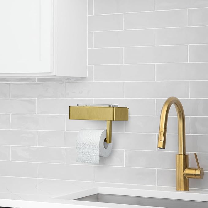 Brushed Gold Toilet Paper Holder Wall Mounted with Shelf & Wipes Storage – Stainless Steel SUS304 Modern Toilet Tissue Roll Holder for Bathroom, Kitchen – Adhesive and Screw Installation