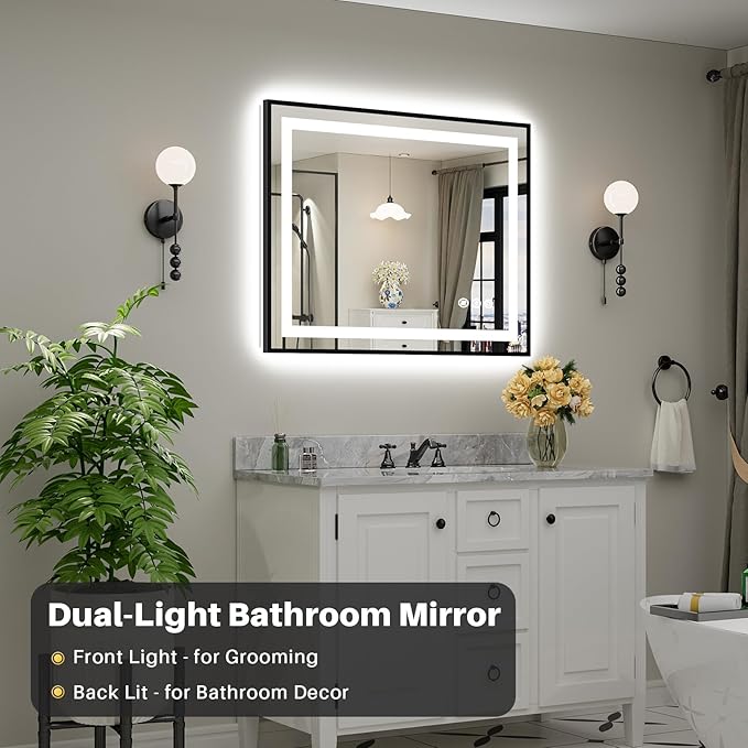 40x32 Inch LED Bathroom Mirror with Black Frame, Backlit & Front Lit, Anti-Fog Lighted Bathroom Vanity Mirror for Wall, Memory Function, Dimmable, HD Tempered Glass, Shatter-Proof