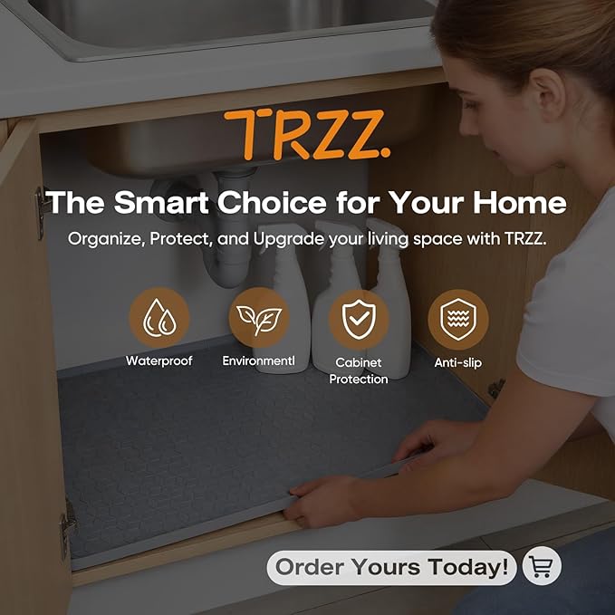 TRZZ Silicone Waterproof Under Sink Mat 22" x 19", Drip Tray and Cabinet Liner for Kitchen and Bathroom, Prevents Water Damage and Organizes Cabinets (Grey)