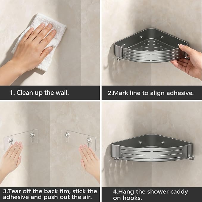 Corner Shower Caddy， 2 Pack Adhesive Shelf Corner with Towel Bar Hooks No Drilling Waterproof Rust Proof Organizer for Bathroom Storage
