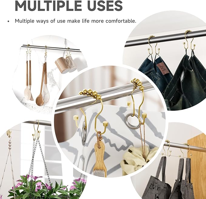 Shower Curtain Hooks, Shower Curtain Rings Rust Proof Double Hook Shower Curtain Hooks with Clindrical Design, 12 Pcs Light Gold Shower Hooks for Shower Curtain, Metal Shower Rod Hooks