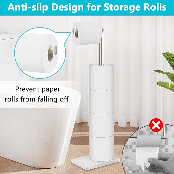 Toilet Paper Holder Free Standing, 6 Rolls Modern Stainless Steel Standing Bathroom Toilet Paper Roll Holder Stand with Storage Brushed Nickel Tissue Holder, Marble Base, Naturous