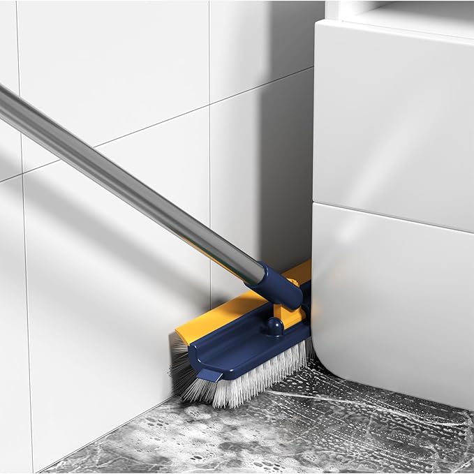Generic Grout Scrub Brush with 42"" Long Handle Double-Sided Floor Scrub Brush V-Shape Grout Cleaner with Squeegee 180° Rotating for Tile Floors, Baseboards, Wall, Navy