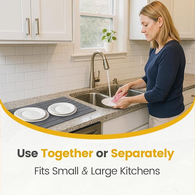 2 Pack Stone Dish Drying Mat Set (12"x16" Each, Gray) for Kitchen Counter - Super Absorbent Quick Dry Diatomaceous Earth Pad, Foldable & Non-Slip for Dishes, Sink, & Bathroom