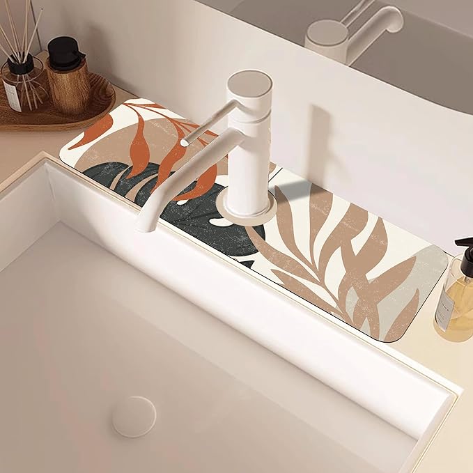 Mid Century Boho Leaves Kitchen Sink Splash Guard Absorbent Fast Drying Mat Faucet Draining Guard Behind Faucet Drip Catcher for Kitchen Bathroom 5.5"15"