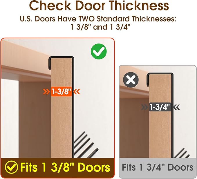 Over The Door Hooks Hanger with 7" Extended Arms for Hanging, J7U, Perfectly Fits US Standard 1 3/8-inch Doors, Towel Rack Organizer Holder, Matte Black