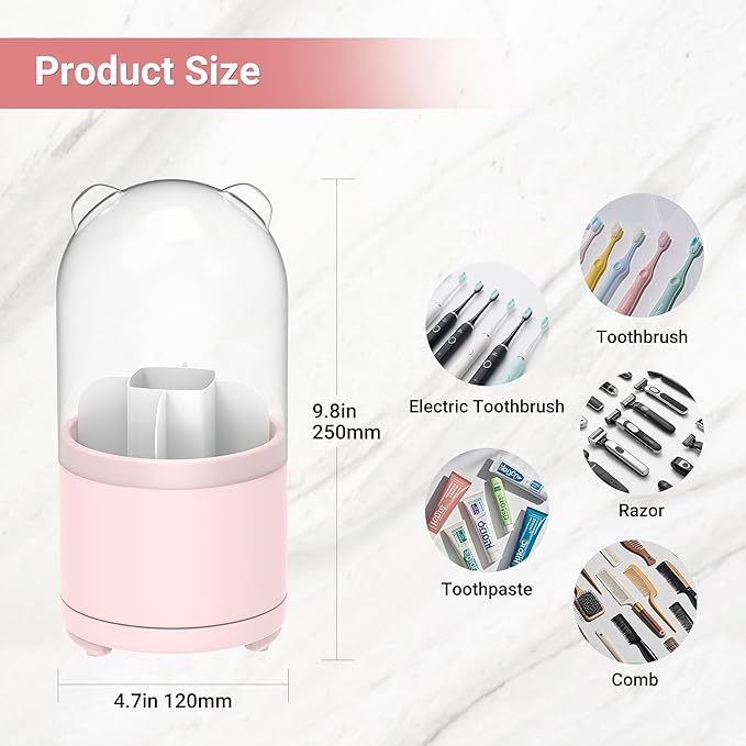 Pink Toothbrush Holders for Bathroom, Kids Rotating Electric Tooth Brush Holder with Lid, Cute Bathroom Toothpaste and Toothbrush Storage Sink Caddy Organizer Countertop Accessories