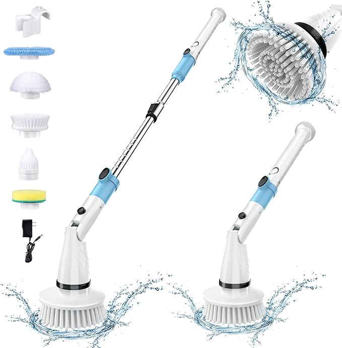 Electric Spin Scrubber,Cordless Spin Cleaning Scrubber with 5 Replaceable Brush Heads,Power Full Cleaning Brush Scrubber 450RPM,Adjustable Telescopic Handle&90min Runtime for Bathroom (Off White+Blue)