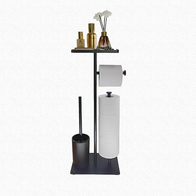 Black Freestanding Toilet Paper Holder with Brush | No Drill Bathroom Organizer Stand | Rustproof Metal Toilet Paper Stand with Anti-Slip Base and Storage & Brush Holder for Small Bathroom (Shelf)