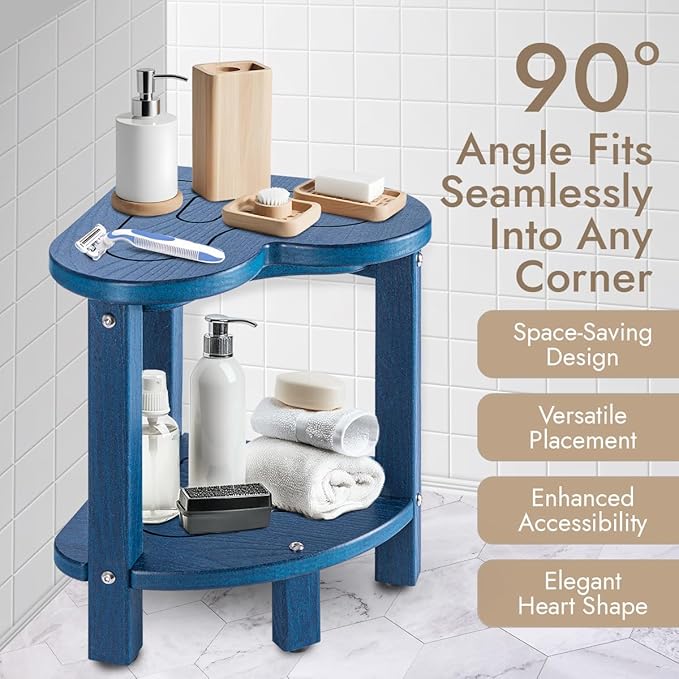 Corner Shower Stool for Inside Shower - Waterproof Corner Shower Bench, HDPE Plastic Bathroom Bench, Adjustable Height Corner Chair for Shaving Legs,Storage Shelf,Non-Slip Feet,Blue