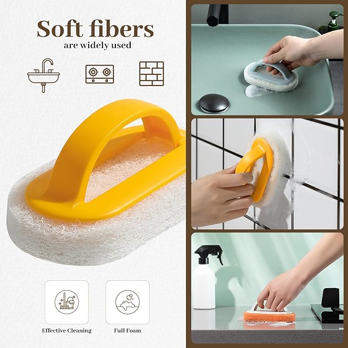 4 Pack Handled Scrubber, Scrub Brush Strong Scouring, Reusable Cleaning Sponge with Handle for Shower Tile, Bathtube, Sink (Yellow)