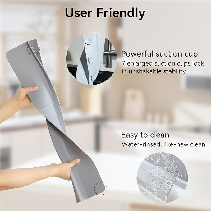 23" Kitchen Silicone Sink Water Splash Guard - Non Slip Suction Sink Splash Protector with Ramp Design for Kitchen Island & Bathroom, Dishwasher Safe, Grey