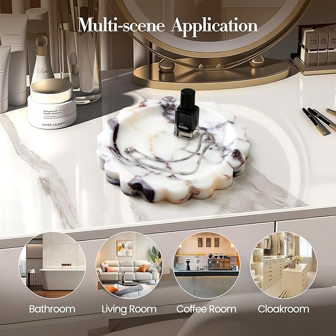 Calacatta Viola Scalloped Marble Tray, Natural Marble Jewelry Dish, Luxury Decorative Trays for Bathroom, Vanity, Dresser, Kitchen & Home Decor, House Warming Gifts New Home (Round, 6.3Inch)
