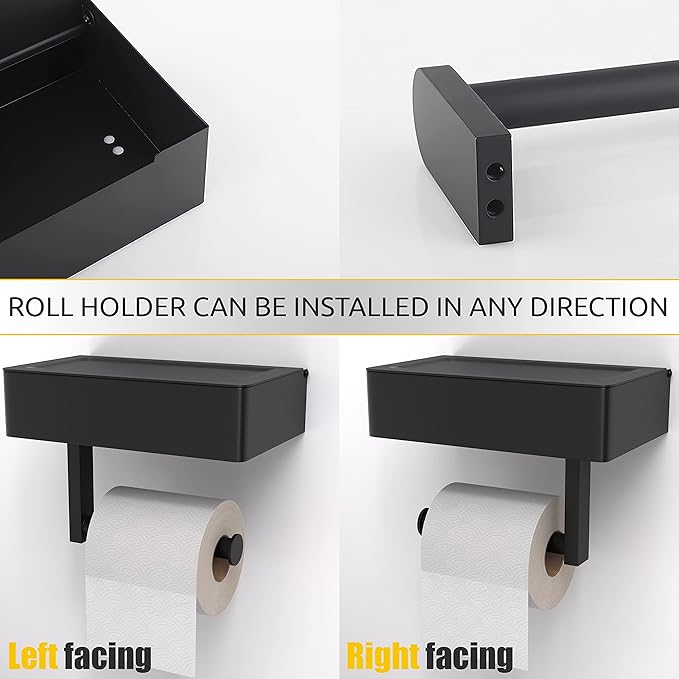 Matte Black Toilet Paper Holder Wall Mounted with Shelf & Wipes Storage – Stainless Steel SUS304 Modern Toilet Tissue Roll Holder for Bathroom, Kitchen – Adhesive and Screw Installation