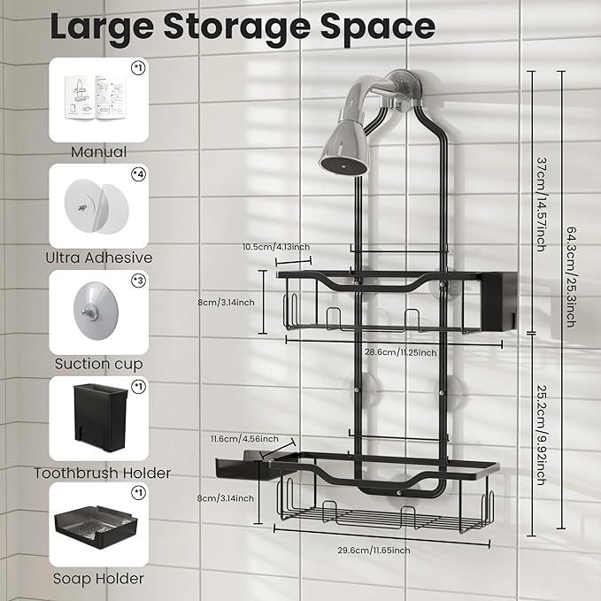 Hanging Shower Caddy Over Head,2 Tier Rustproof Shower Organizer for Tall Showerhead,No Drill Bath Caddy Hanging with Soap Dish and Toothbrush Holder for Razor and Sponge,Black