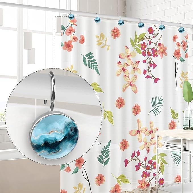 Grey-Blue Marble Decorative Shower Curtain Hooks,12 Pcs Rust Proof Glass Surface Stainless Steel Curtain Rings for Bathroom Bedroom Living Room Shower Rods Decor