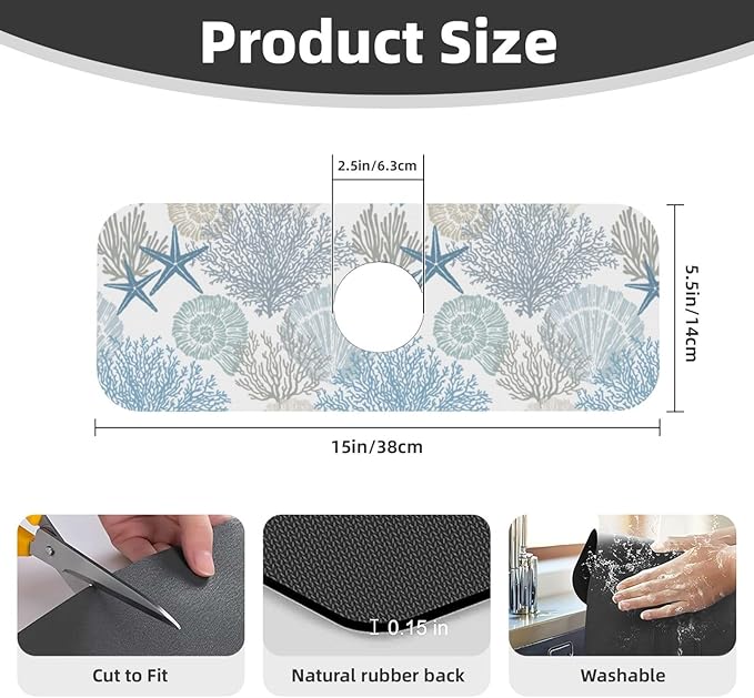 Ocean Sea Shell Starfish Coral Coastal Nautical Kitchen Sink Splash Guard Faucet Mat 1 Pcs, Absorbent Fast Drying Mat Gadgets Splash Guard For Bathroom 15 X 5.5 Inches