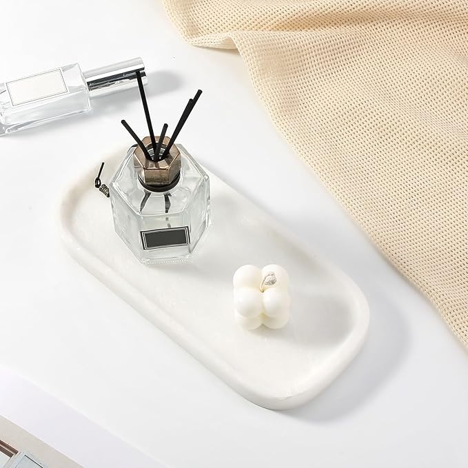 Koville Marble Tray, 10"x5" Marble Vanity Tray for Bathroom Countertop Kitchen Sink, Rectangular Stone Tray for Perfume Fragrance, Decorative Catchall Tray Jewelry Cosmetics Organizer(White)