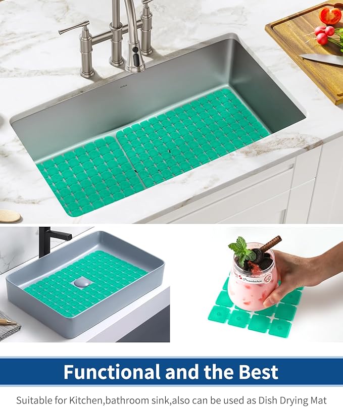 Bligli Sink Mat for Stainless Steel/Ceramic Sinks, 2 Pack 15.8x11.8 inches PVC Sink Protectors for Bottom of Kitchen Sink, Dishes and Glassware drain Mats, Durable and Fast Draining (Green)