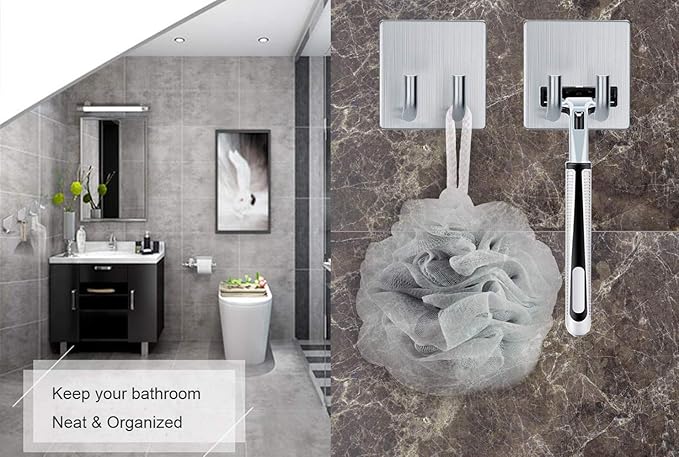 Adhesive Hooks, Stainless Steel Razor Holder Towel Hook for Bathroom, Heavy Duty Wall Hanger, Waterproof Anti-Skid Double Hanging Robe Hook 4-Pack