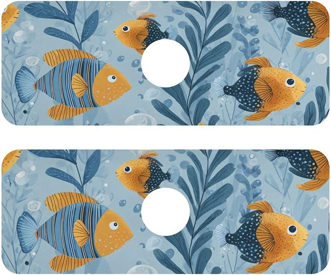 Blue Tropical Fish Bubbles Kitchen Sink Splash Guard Faucet Mat Diatomite Absorbent Pad for Bathroom RV 14.7x5.4in 2PCS water