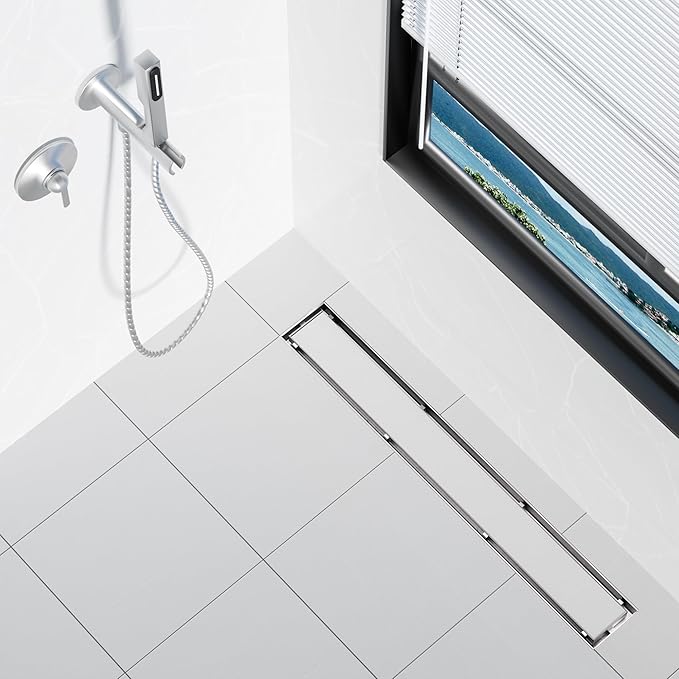 Neodrain 36-Inch Linear Shower Drain- with 2-in-1 Flat & Tile Insert Cover, Brushed 304 Stainless Steel Rectangle Shower Floor Drain, Floor Shower Drain with Adjustable Leveling Feet, Hair Strainer