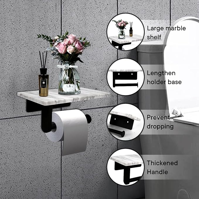 Toilet Paper Holder with Natural Marble Shelf for Bathroom Washroom,Wall Mounted Tissue Holder Suitable for Mega Rol(Middle 7.87 * 4.72 in, Matte Black)