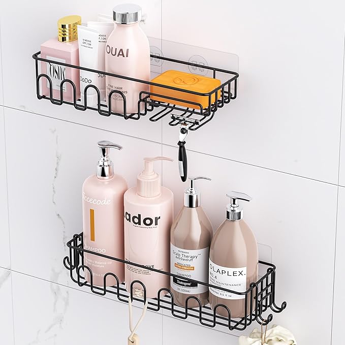 Adhesive Shower Caddy: 2 Bonus Hooks, 4-Pack Wall Mounted Bathroom Storage Shelf, Rustproof Metal Basket Organizer for Kitchen & Bathroom Drill Free Black