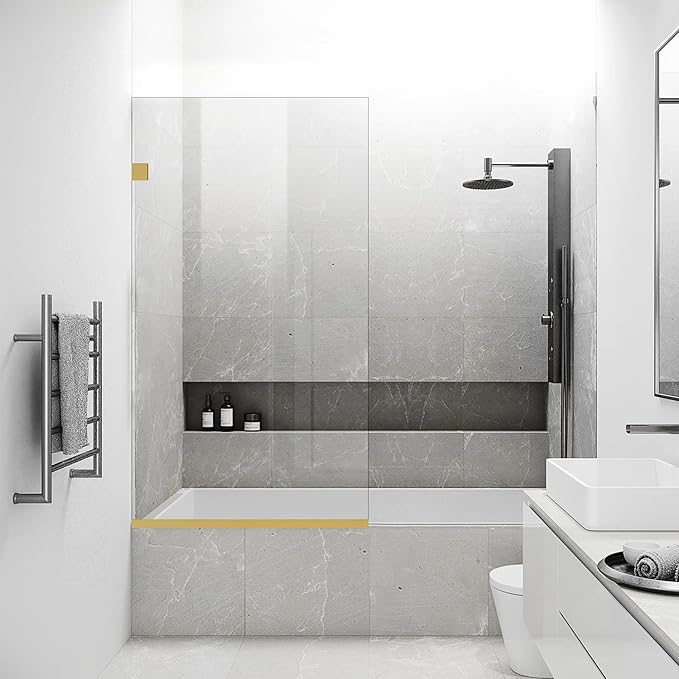 Bathroom Shower Glass Door 24 * 62" - 5/16"(8mm) Thick Clear Tempered Glass Panel, Fixed Hinged Framless Shower Glass Door with Bottom Seal, Brushed Gold
