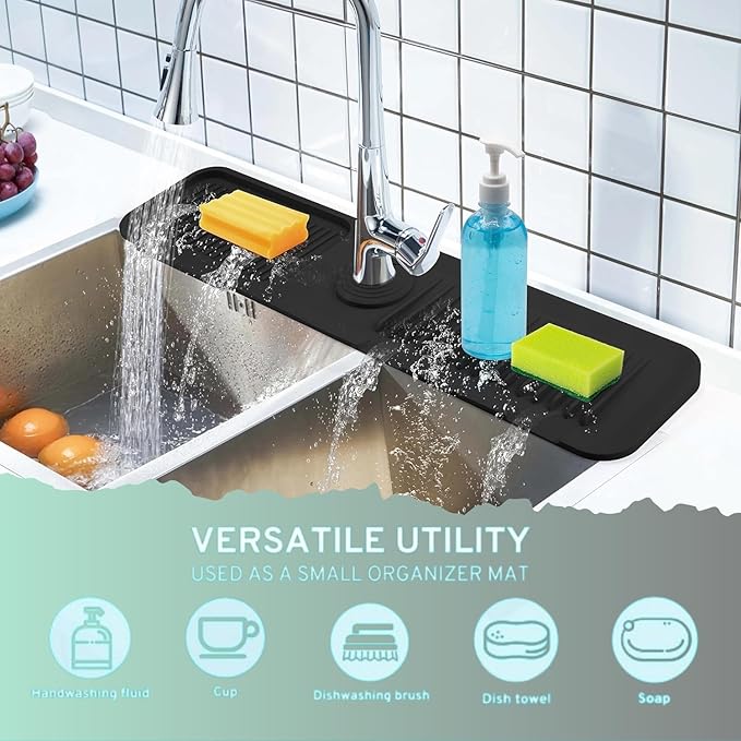Kitchen Sink Splash Guard,5°slope sink splash guard behind faucet，24in Faucet Mat Splash Catcher，Longer Silicone Sink Mat，Mat Protectors for Kitchen Sink (Black, XL)
