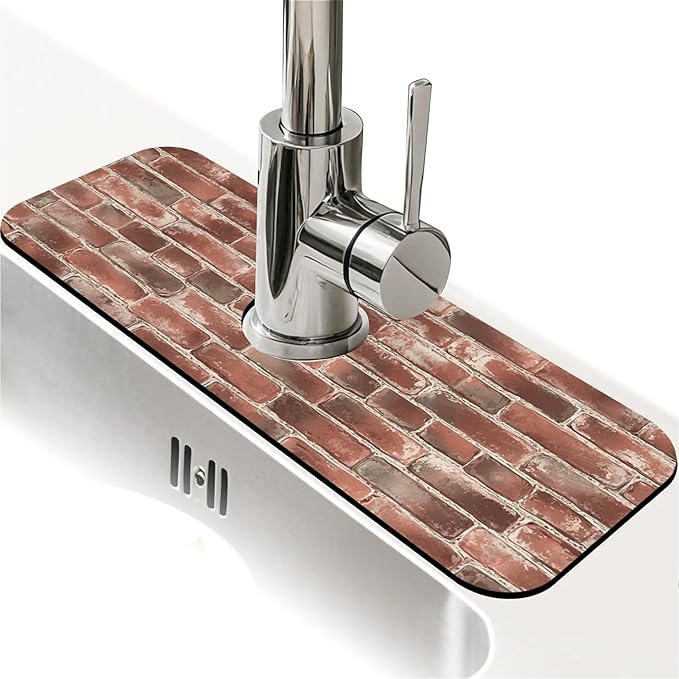 Kitchen Sink Splash Guard，Red brick wall Faucet Mat Sink Gadgets-Super Absorbent Fast Drying Mat Drip Catcher for Kitchen, Bathroom,Sink Mat, Dish Drying Mat, Bathroom(15" X 5.5" )