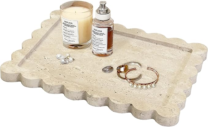 Prolee Scalloped Marble Tray,Marble Vanity Trays for Bathroom 12" x 9", Scalloped Tray,Wave Appearance Jewelry Home Decor Stone Trays for Kitchen Counter, Bathroom, Beige Travertine