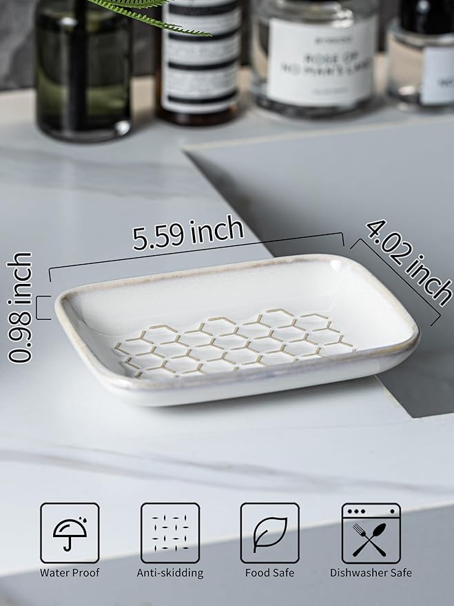 Gomakren Soap Dish for Shower, Ceramic Bar Soap Holder with Honeycomb Design - Soap Saver Tray for Bathroom Kitchen Sink, Sponge & Organizer Tray, Upscale Look, 5.5 Inch, Beige