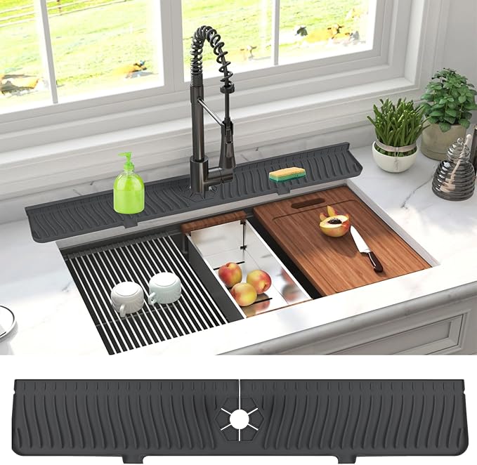 Derlights 30 inch Sink Splash Guard Mat,Silicone Faucet Handle Drip Catcher Tray, Longer Silicone Sink Mat for KitchenBathroom, Drip Protector Splash Countertop (black)
