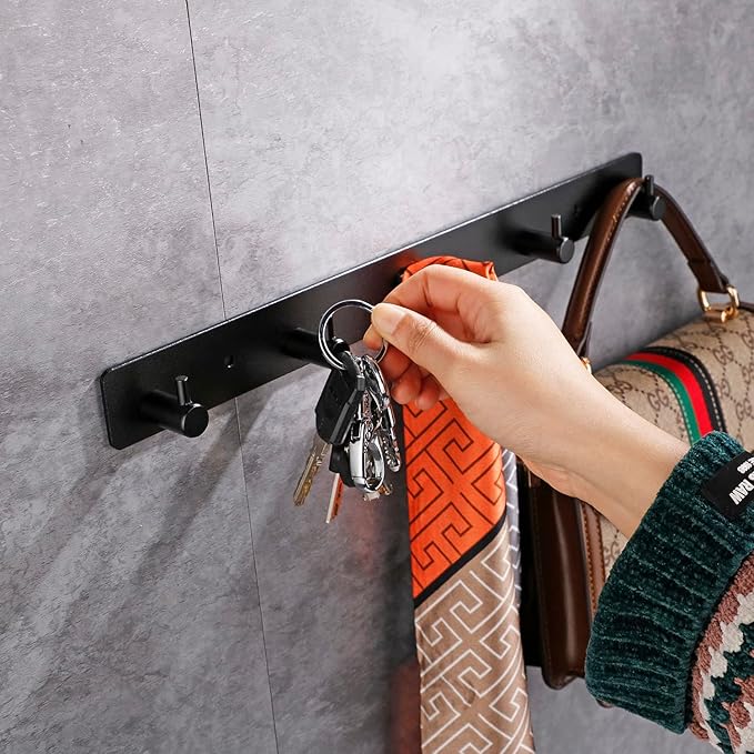 Adhesive Bathroom Black Hook Rail, 6 Matte Black Wall Key Hooks Rack Hanger Towel Robe Stick Door Hooks for Bathroom Toilet Entryway Hallway Kitchen Wall Mounted
