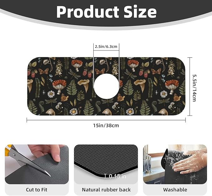 Vintage Magic Witch Mushroom Fern Witchcraft Kitchen Sink Splash Guard Faucet Mat Super Absorbent Fast Drying Mat Sink Gadgets-Fast Drying Pad Sink Mat For Kitchen Bathroom (15" X 5.5" )