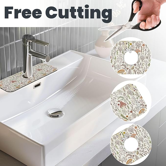 Cute Mushroom Wild Plant Kitchen Sink Splash Guard Faucet Mat 1 Pcs, Absorbent Fast Drying Mat Gadgets Splash Guard For Bathroom 15 X 5.5 Inches