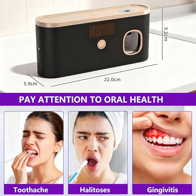 Toothbrush Sterilizer Holder Wall Mounted, USB Rechargeable Automatic Toothpaste Dispenser with 5 Brush Slots, Bathroom Organizer for Families (Black)