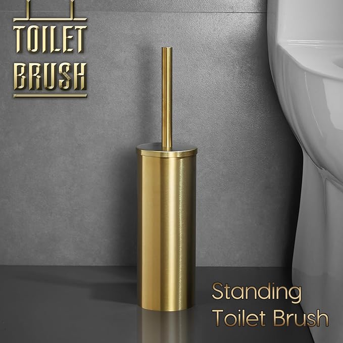 Toilet Bowl Brush Stainless Steel Gold Toilet Brush and HolderSet，Silicone + Bristle Dual-Head Toilet Brush Holder (Gold)