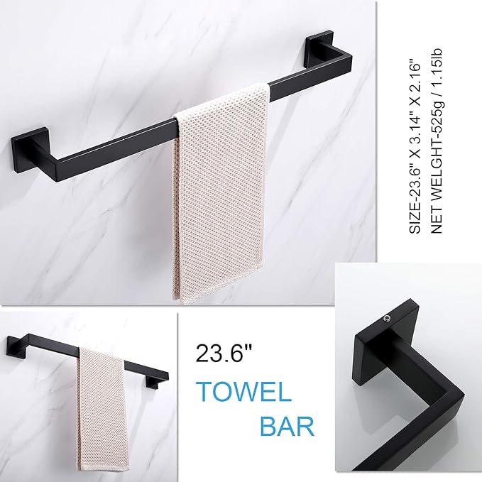 TASTOS 5-Pieces Matte Black Bathroom Hardware Set, Premium Stainless Steel Square Wall Mounted-Includes 23.6 Inch Towel Bar, Toilet Paper TP Holder, 9 Inch Towel Holder, 2 Robe Towel Hooks