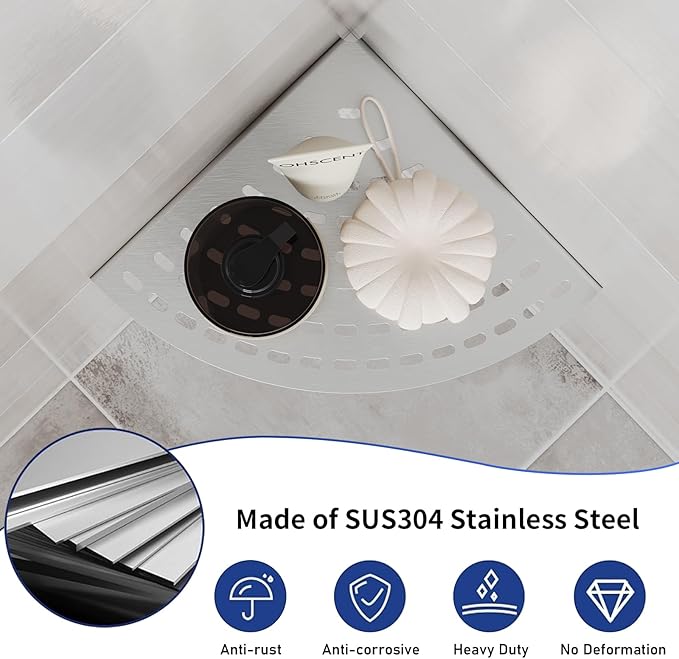 2 Pack Corner Shower Shelves 304 Stainless Steel Shower Corner Shelf Brushed Nickel Bathroom 8 in Prevent Rust Drilling Installation
