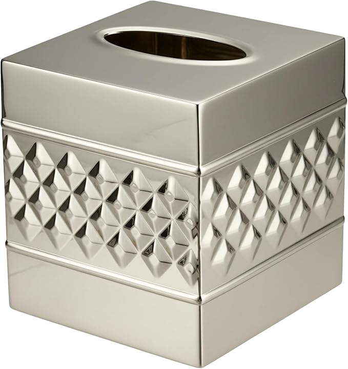 Monarch Abode Tissue Box Cover Square – Handcrafted Geo Embossed Nickel Chrome Finish Metal Tissue Holder Box for Bathroom Accessory, Aesthetic Decorative Facial Napkin Cube for Modern Home Decor