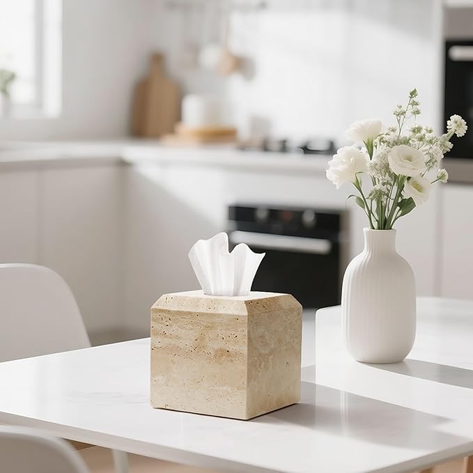 WORHE Tissue Box Cover Italy Natural Travertine Stone Heavy Duty Square Facial Toilet Paper Holder for Bathroom Living Room Bedroom Dresser Kitchen Minimalistic Office Home Decor Beige (TBC145WT)