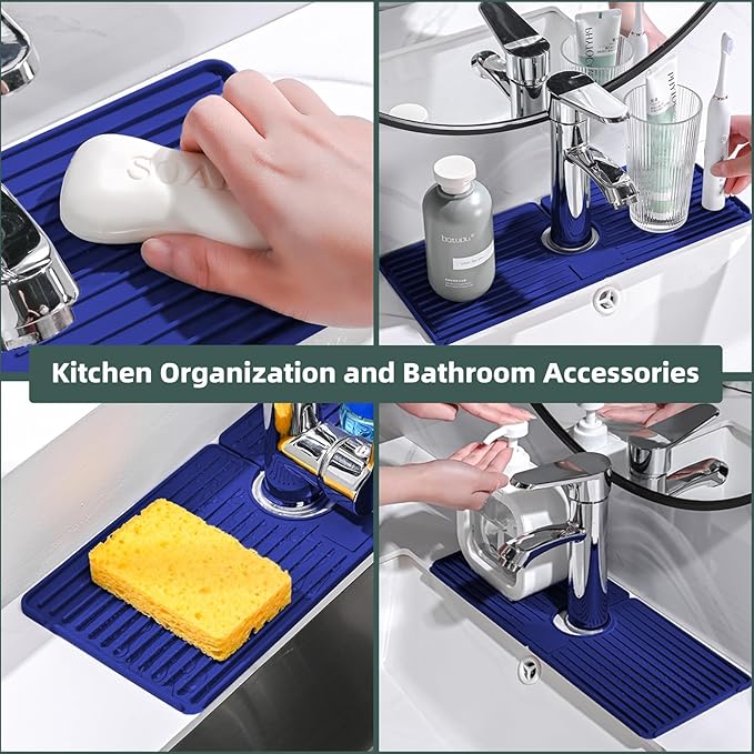Faucet Mat for Kitchen Sink, Silicone Faucet Handle Drip Catcher Tray, Drying Mat as Sponge and Soap Holder with Lateral Inflow for Kitchen Bathroom Farmhouse & RV Sink Accessories (Blue)